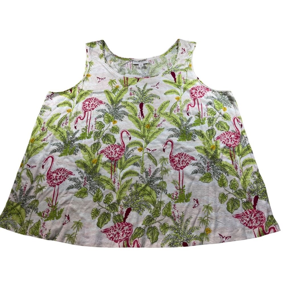 Charter Club White Tank Top with Pink Flamingo & Green Palm Print